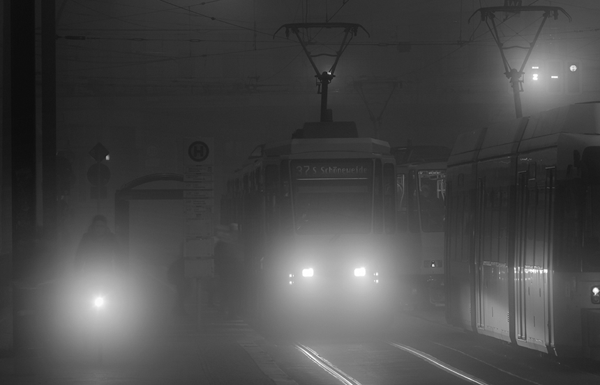 Berlin Schoeneweide foggy morning with classic Tatra-Bahn